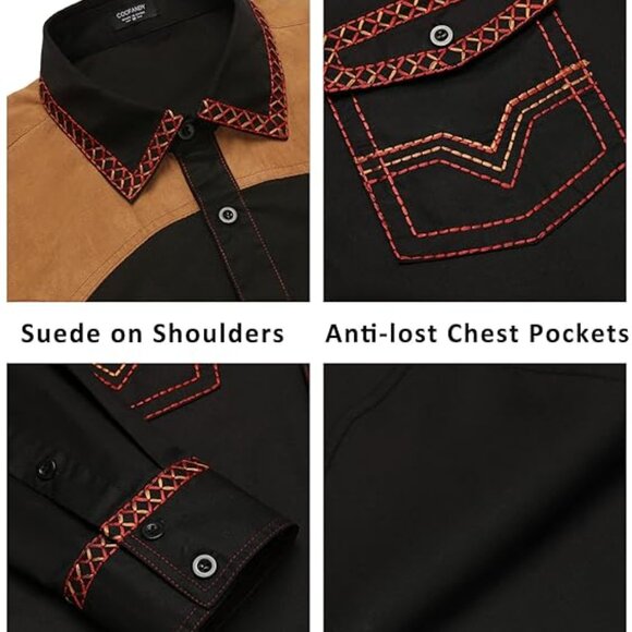 Men's Black Western Cowboy Shirt Embroidered Long Sleeve Slim Fit Casual Cotton - Picture 4 of 4